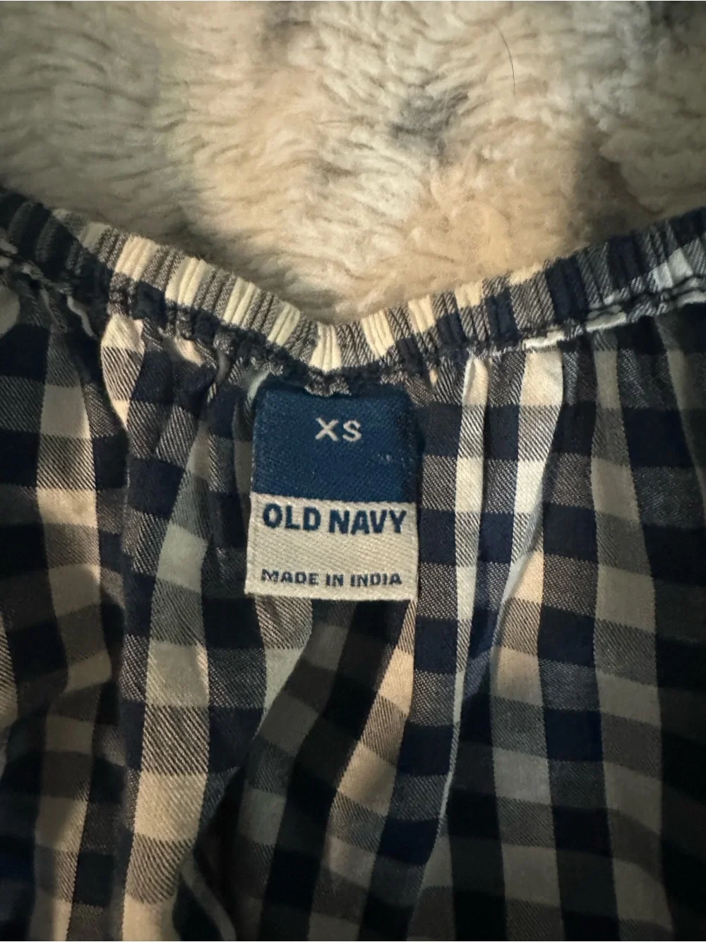 Old Navy Navy and White Gingham Puff Sleeve Peplum Top